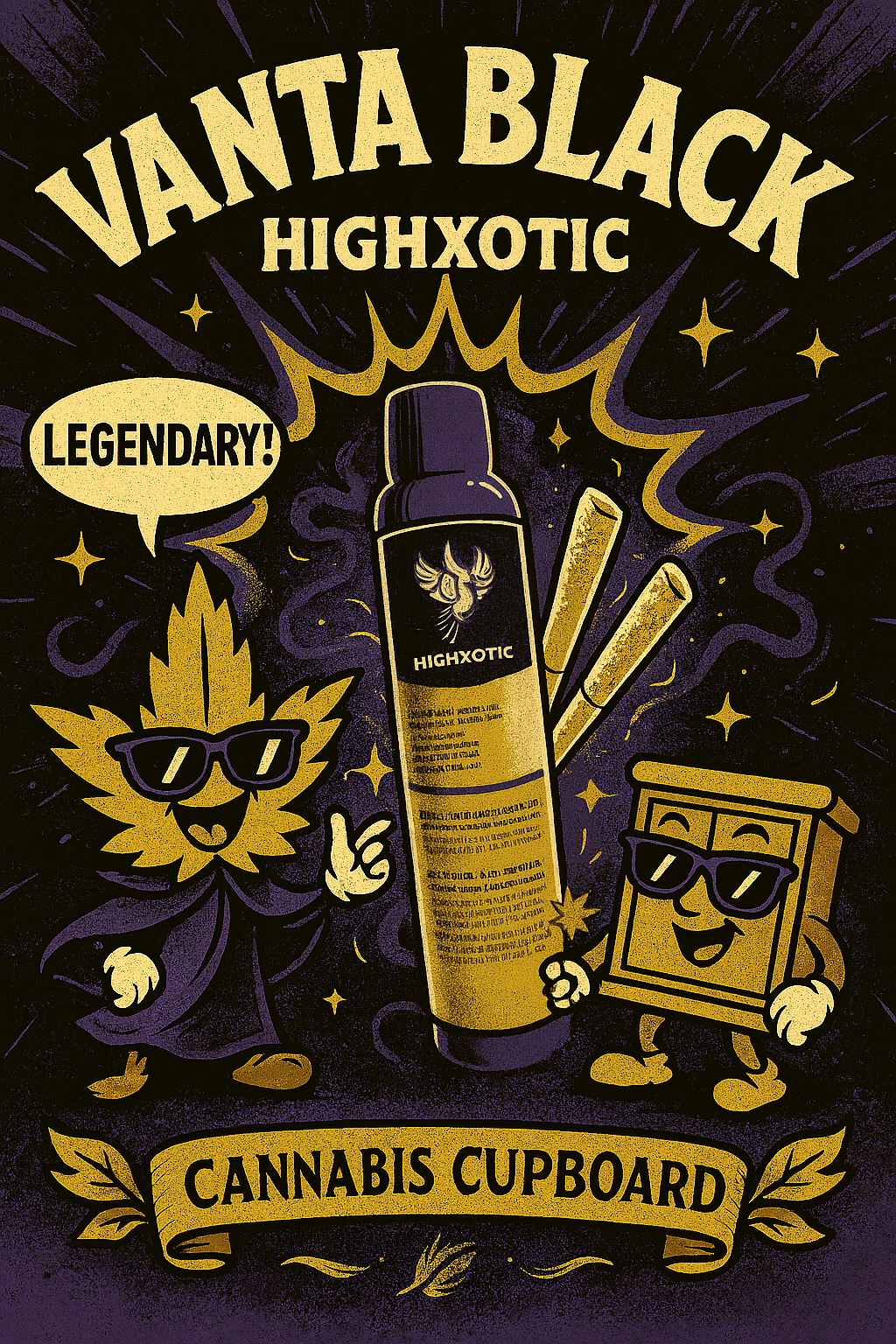 A cartoon-style poster featuring a cannabis-themed product called 'Highxotic' from 'Vanta Black.' The poster has a black background with yellow and purple accents, showcasing a spray bottle, two pre-rolled joints, and a cannabis leaf character with sunglasses and a cape, and a cabinet character with sunglasses. The text says 'Vanta Black,' 'Highxotic,' 'Legendary!,' and 'Cannabis Cupboard.' The overall style is vibrant and playful, emphasizing cannabis products.
