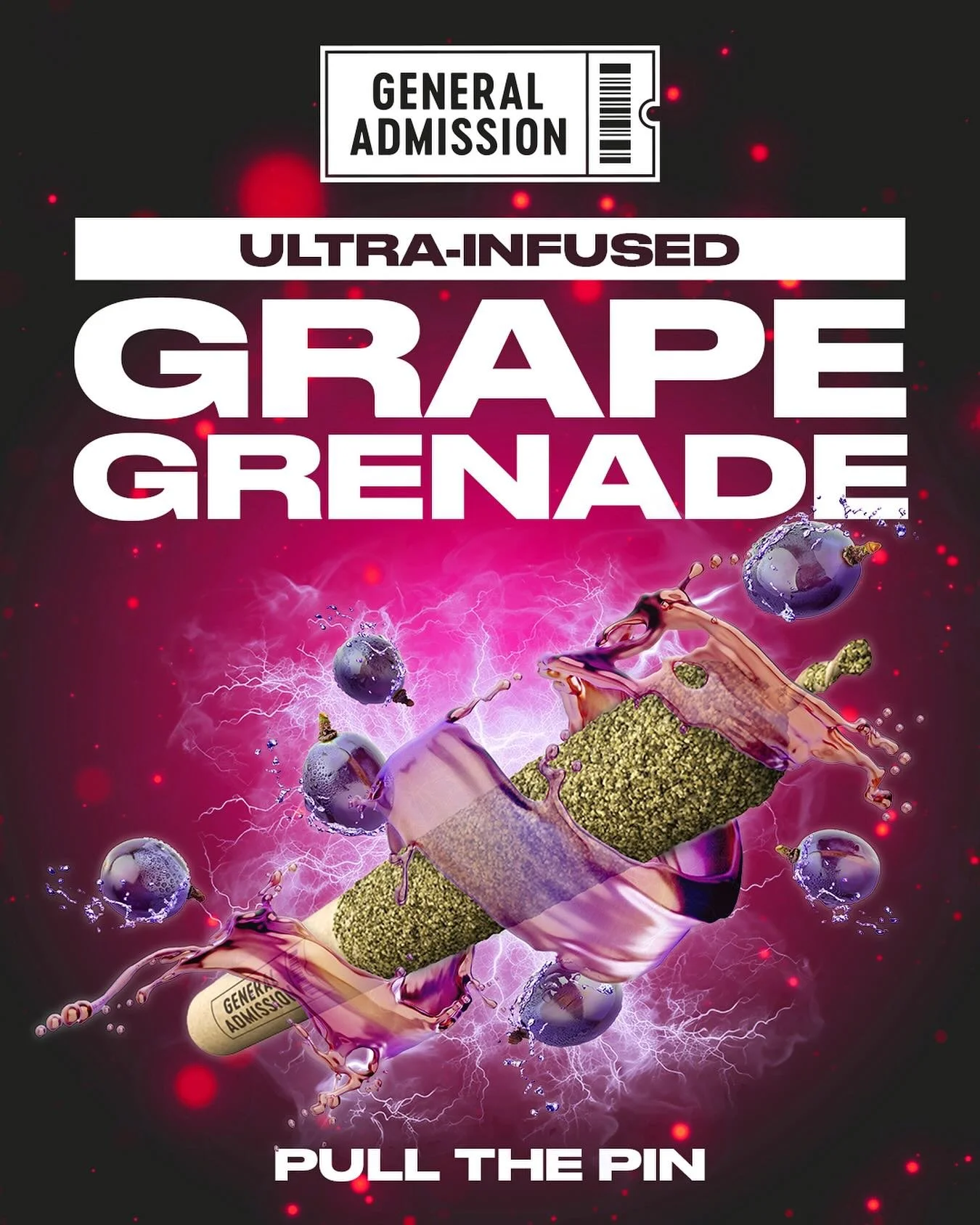 Event ticket featuring an image of a grape-flavored grenade with sparks and lightning effects, and text promoting general admission for an ultra-infused grape grenade event called "Pull the Pin."