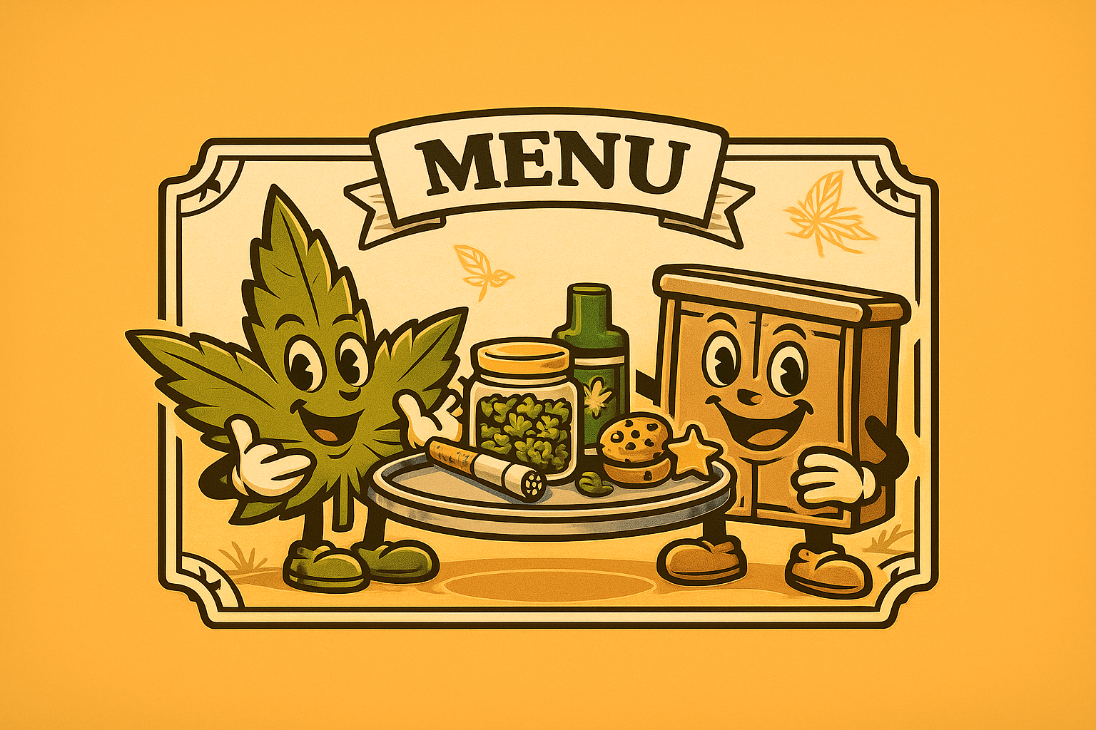 Cartoon illustration of a happy marijuana leaf and a bag of marijuana sitting at a table with various items, under a banner labeled 'MENU', all set against an orange background.