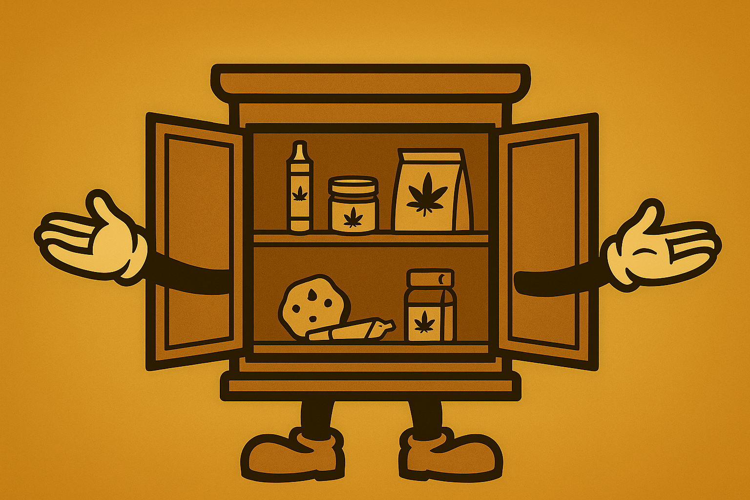 Cartoon illustration of an open cabinet with arms and legs, featuring cannabis-related products like edibles and creams.