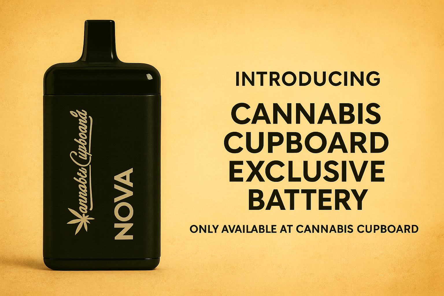 Black vaporizer with white text and a leaf logo, alongside promotional text about a cannabis-themed rechargeable battery available only at Cannabis Cupboard.