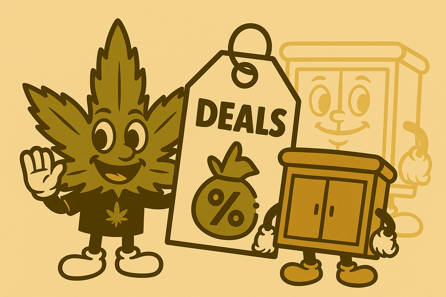 Cartoon cartoon cannabis leaf character with a smiling face, waving, standing next to a sale sign that says "Deals" with a percentage symbol and a dollar sign. A second cartoon character is a smiling cabinet with arms and legs, also waving.