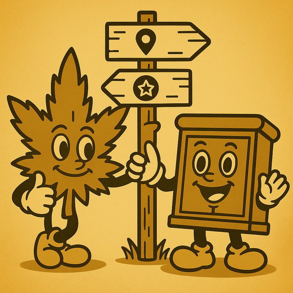 Cartoon illustration of a happy cannabis leaf character and a happy camp cardinal walk signpost with a wooden background.
