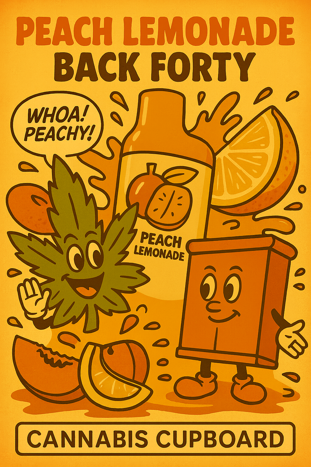 Cartoon illustration of a cannabis leaf with a smiling face waving, a bottle labeled 'Peach Lemonade' with a peach illustration, and a smiling carton with arms and legs, surrounded by slices of peach and lemon. The text at the top reads 'Peach Lemonade Back Forty,' and at the bottom, 'Cannabis Cupboard'.