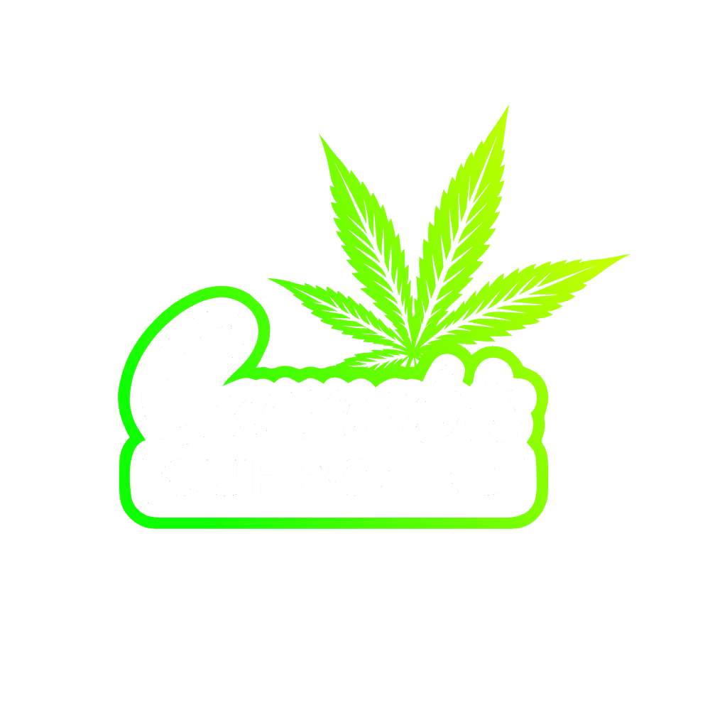 Logo for Cannabis Cupboard with a green cannabis leaf and the text 'Cannabis Cupboard' in black and white.