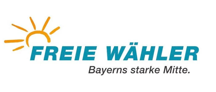 Logo der Partei Freie Wähler mit einem stilisierten Sonnenmotiv und dem Slogan 'Bayerns starke Mitte'.