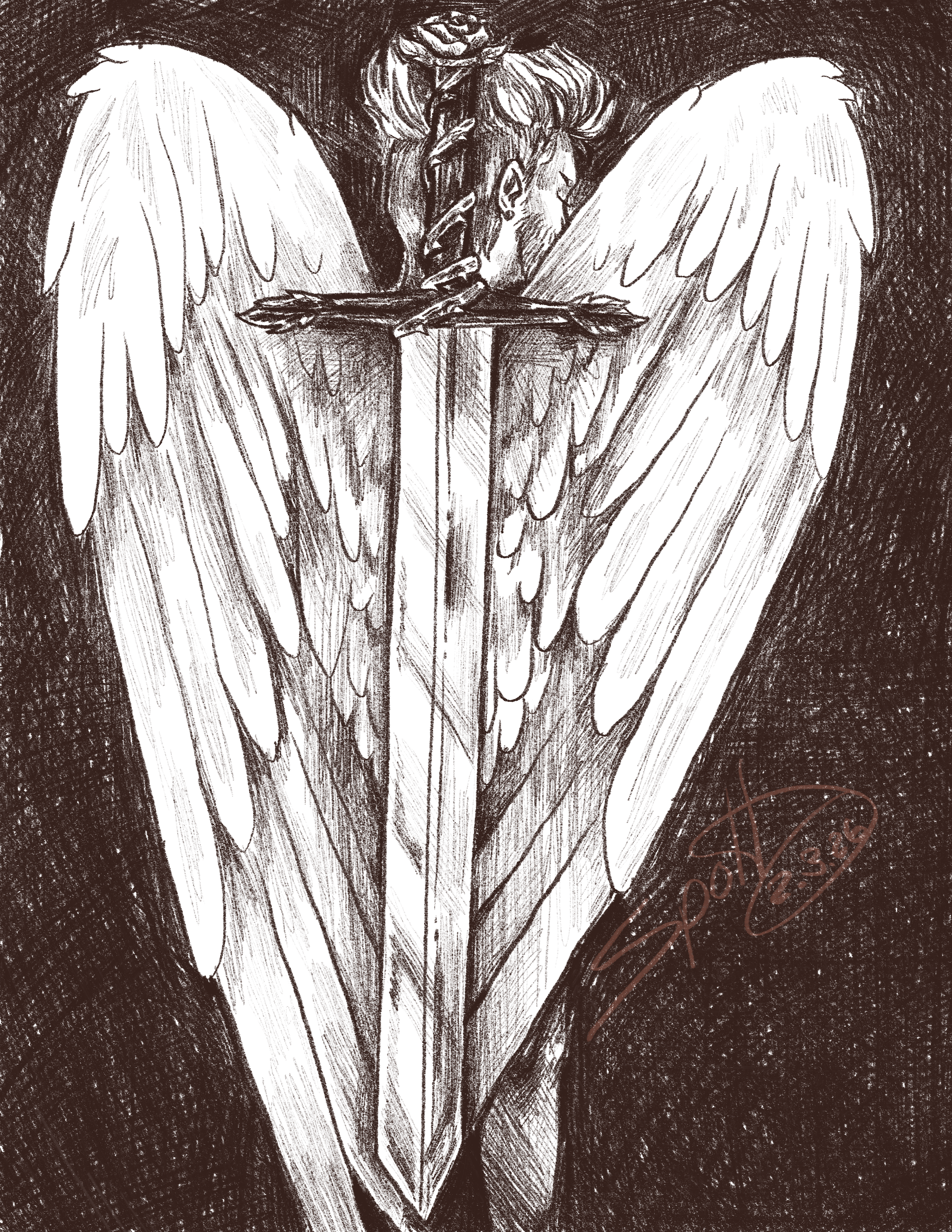 Sketch of an angel with large wings, a beard, and a detailed hairstyle, holding a sword in front of its chest, with a signature in the bottom right corner.