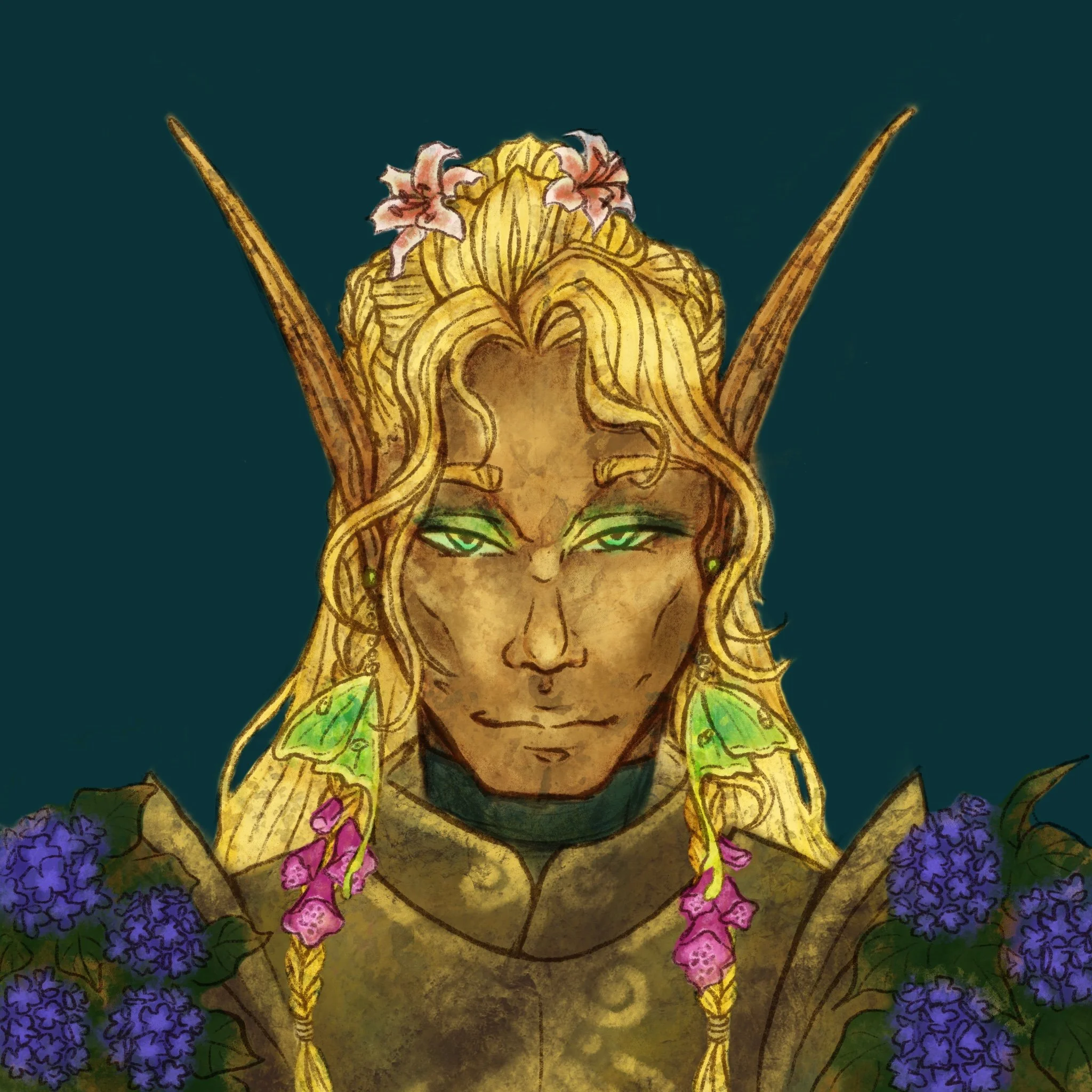 Digital art of an elf with green eyes, long blond hair adorned with flowers and braids, and purple flowers on shoulders, set against a dark background.
