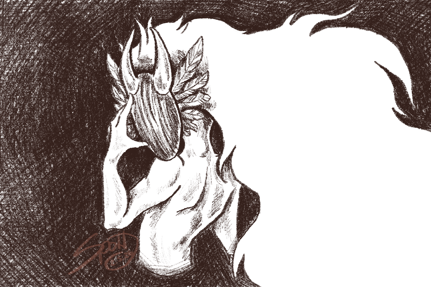 A black and white illustration of a person's silhouette with a detailed horned mask adorned with feathers.