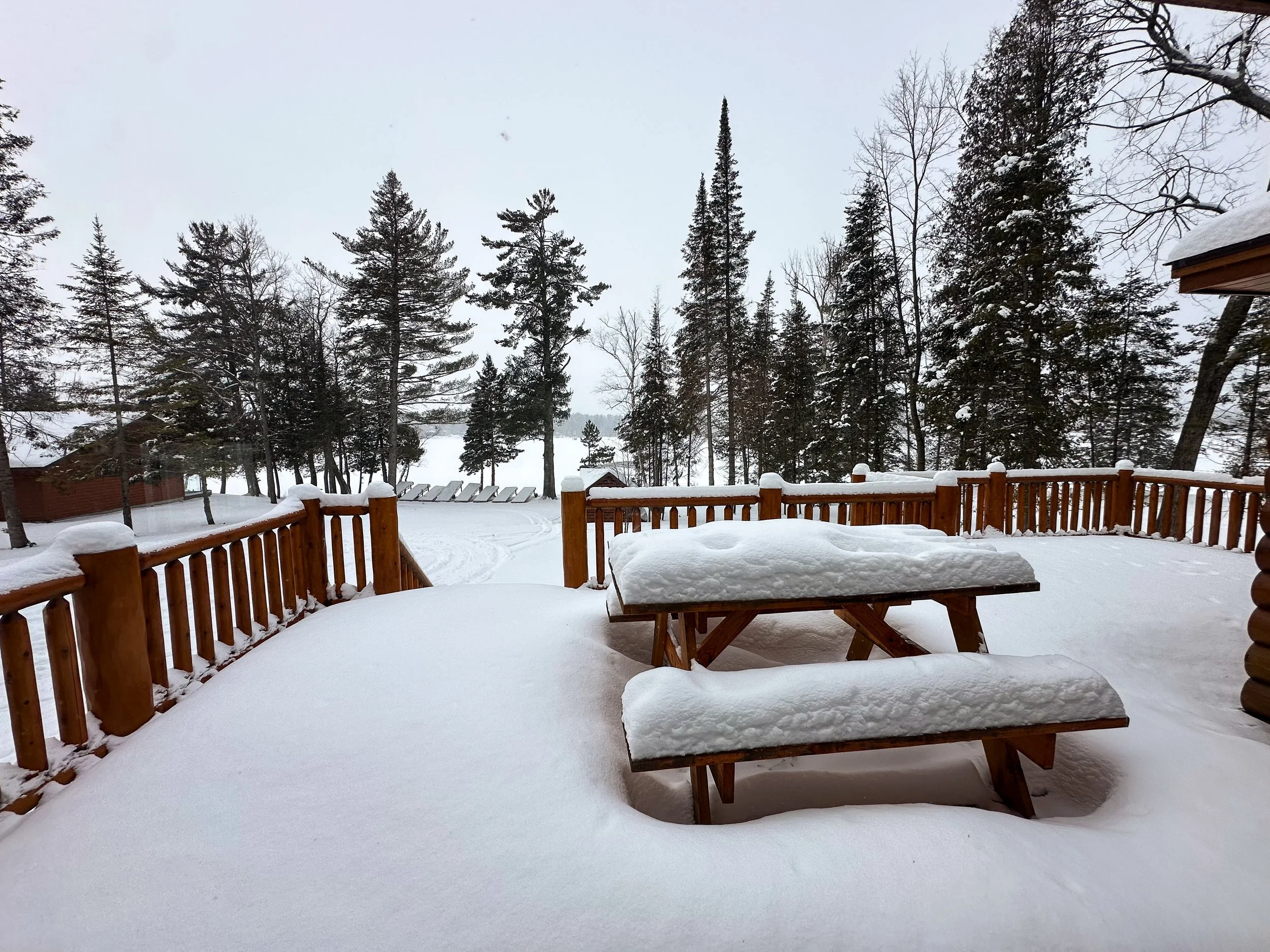 Snow-covered wooden deck with picnic table, surrounded by trees, in a snowy landscape.