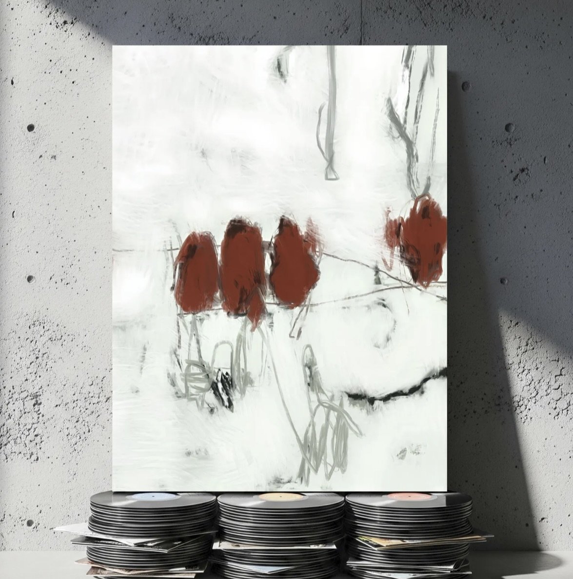 Abstract painting, minimalist, primarily white, poppy field, created with black, gray, and red brushstrokes on a white background.Jenn Thompson, MFA Colorado State University - BFA University of Colorado at Denver - Fort Collins - Amy Metier