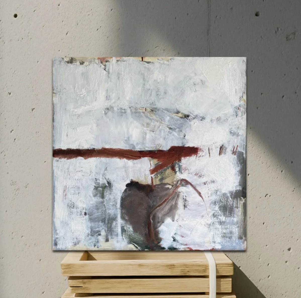 Abstract painting of a boat on water with a shoreline and sky in the background, using muted colors and expressive brushstrokes.