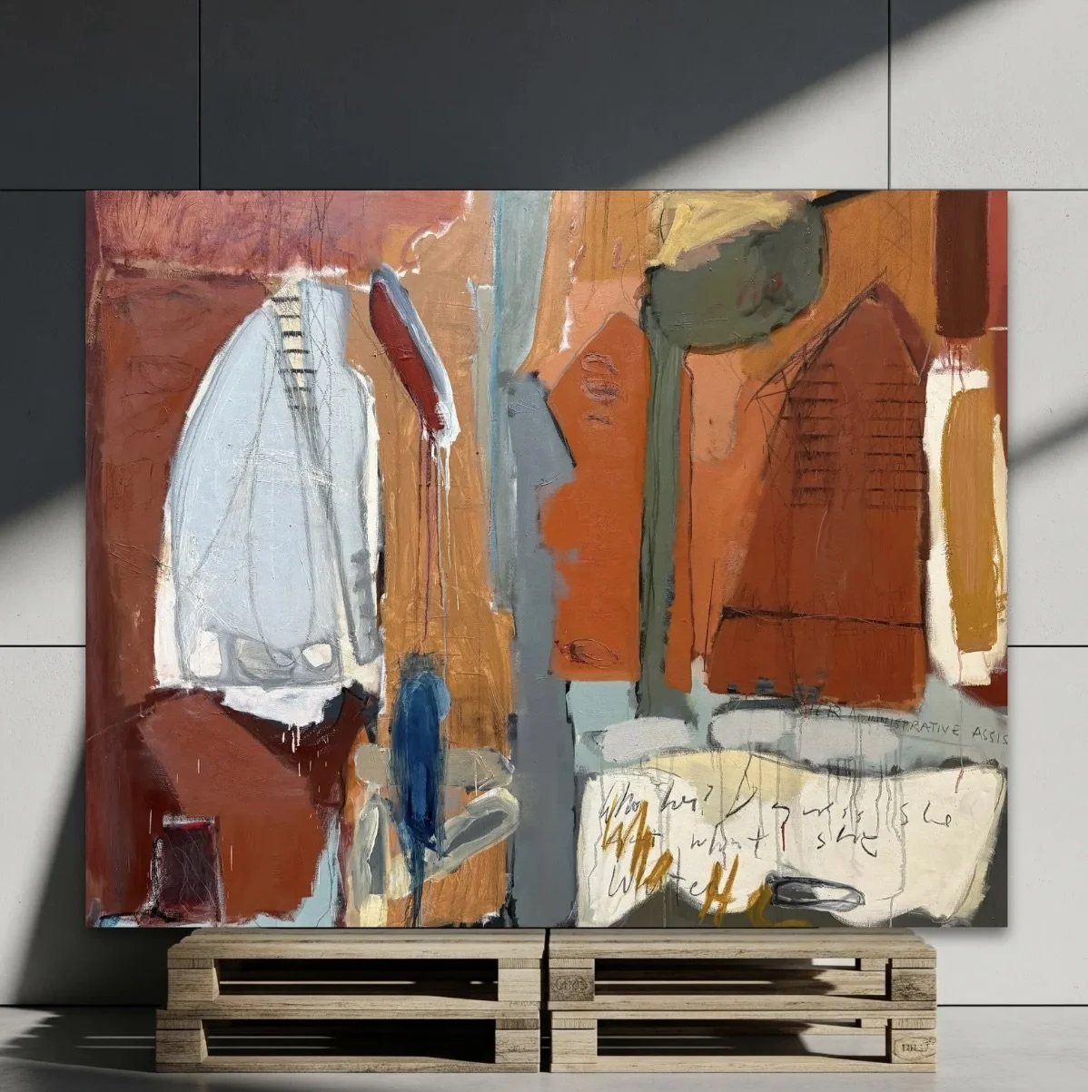 Abstract painting with orange, gray, white, blue, and black colors, featuring various shapes and scribbles, Abstract Expressionism influence. Jenn Thompson, MFA Colorado State University - BFA University of Colorado at Denver - Fort Collins 