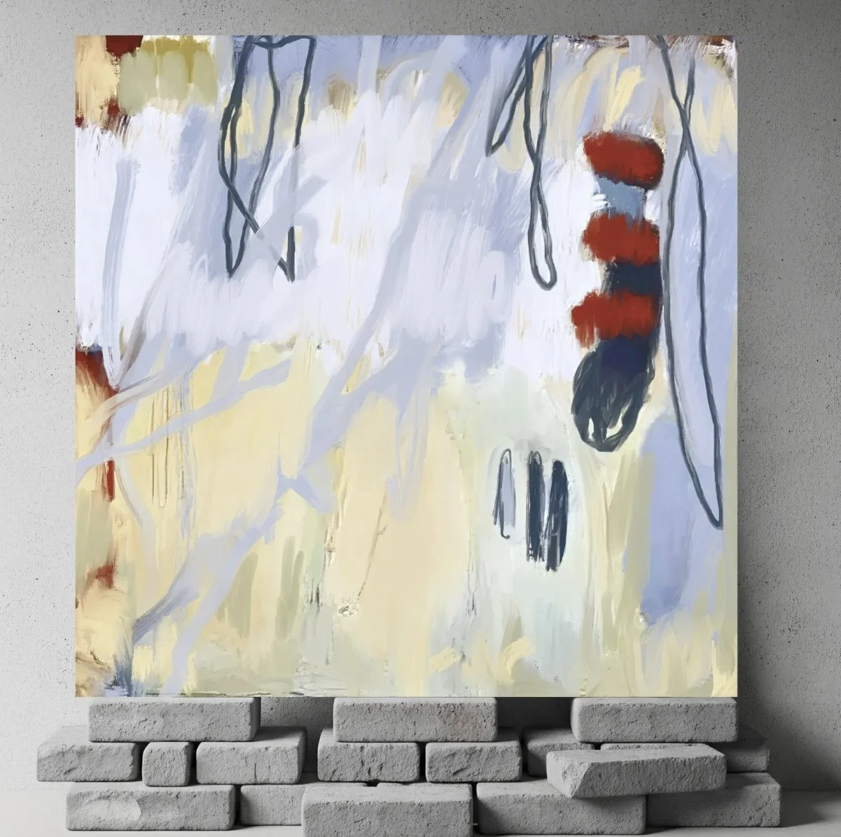 Abstract painting with soft light background, dark and red vertical shapes, and hanging black lines and shapes, on a wall with a brick base.