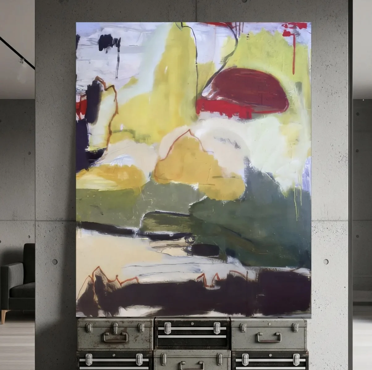 Abstract colorful painting on a wall with a concrete background.