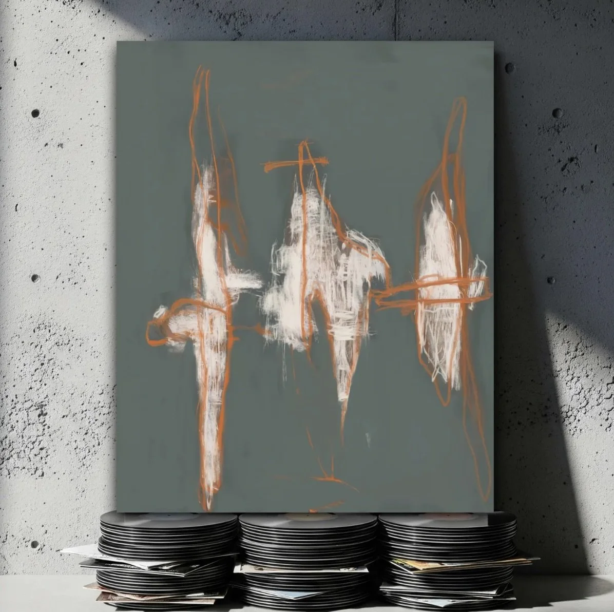 Abstract painting with white and orange strokes on a gray background.Jenn Thompson, MFA Colorado State University - BFA University of Colorado at Denver - Fort Collins - Community College of Denver student of Dave Yust, Amy Metier, James McElhinney, 