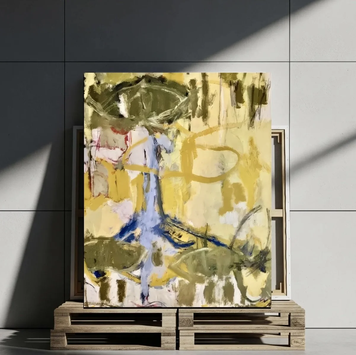 Abstract painting with yellow, blue, and green brushstrokes leaning against a white wall, on a wooden pallet