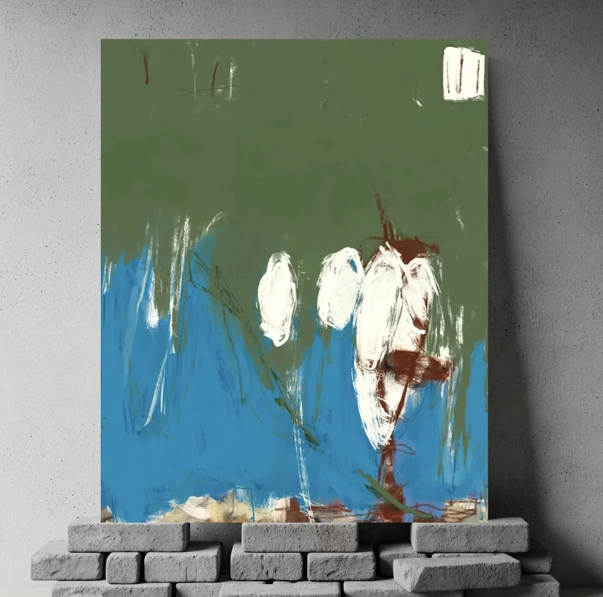 Abstract painting with green, blue, white, and brown brushstrokes.Jenn Thompson, MFA Colorado State University - BFA University of Colorado at Denver - Fort Collins - Community College of Denver student of Dave Yust, Amy Metier, James McElhinney