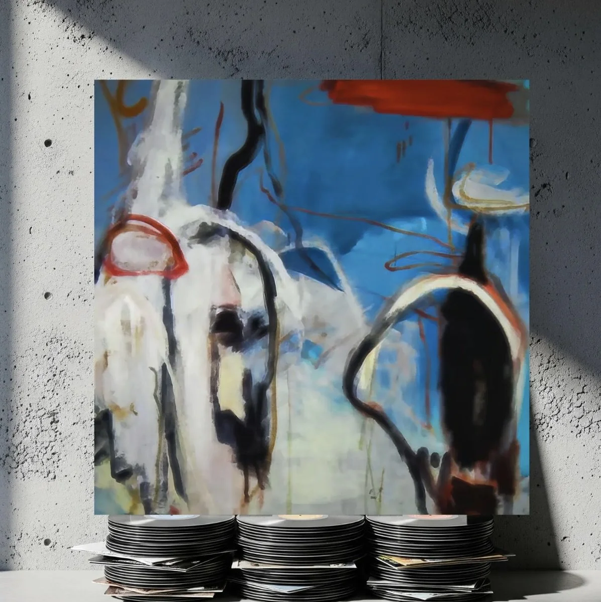 Abstract painting of a dog with a blue background, black and brown lines, and some white areas, leaning against a textured white wall with a shadow.