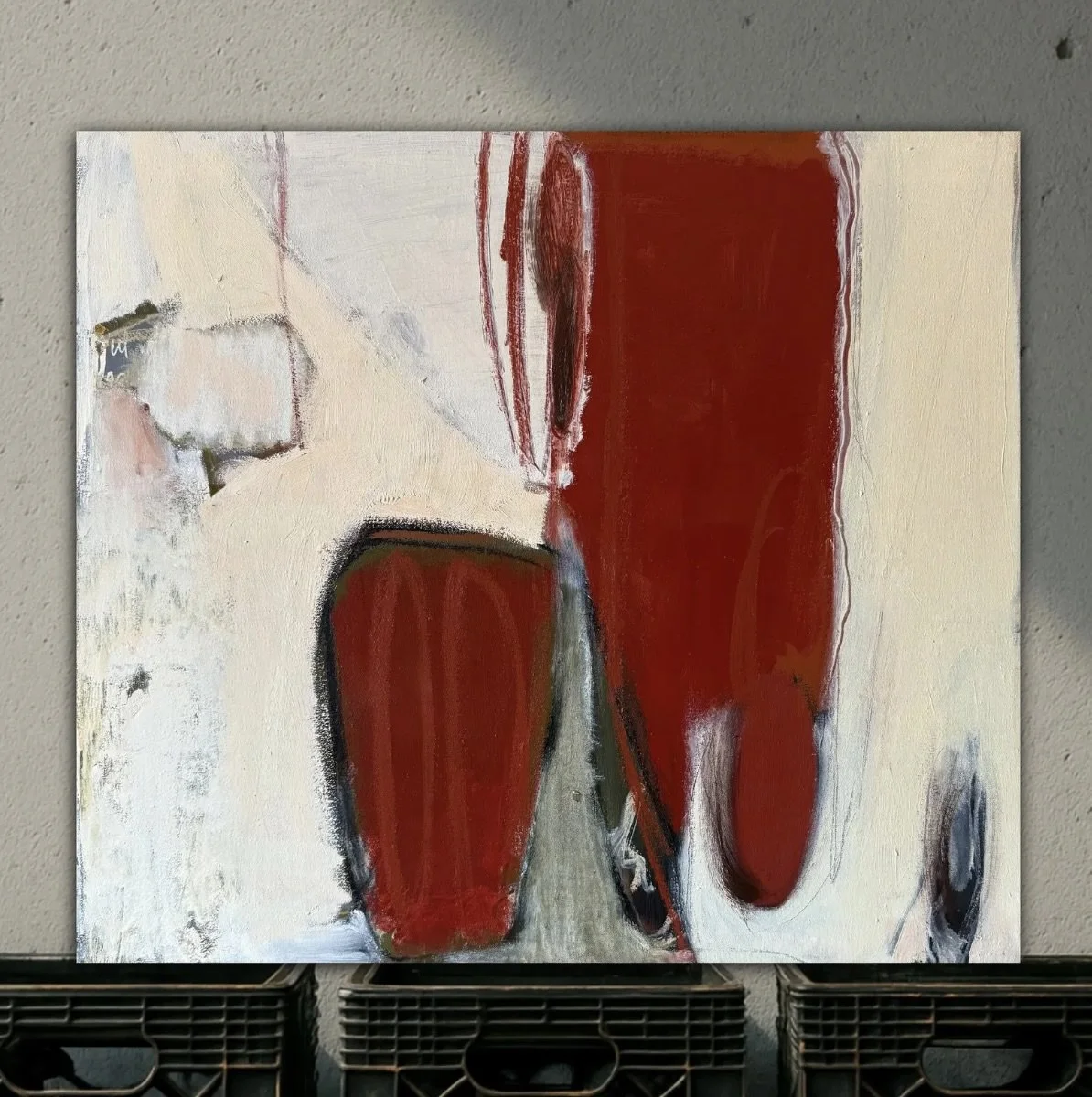 Abstract painting with bold red, black, white, and cream colors. Joal Mitchell. Basquiat. High Art oil painting.Jenn Thompson, MFA Colorado State University - BFA University of Colorado at Denver - Fort Collins - Community College of Denver student o