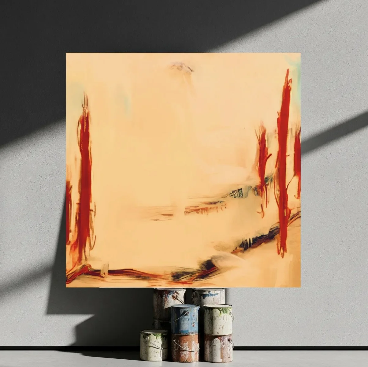Abstract painting with orange and red vertical streaks on a light beige background, set on a stand made of stacked paint cans with splatters and drips.