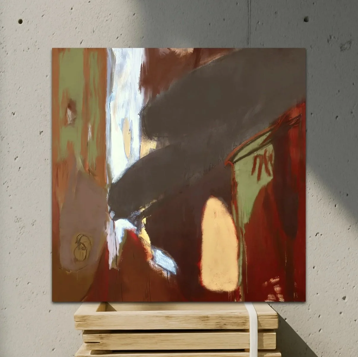 Abstract painting with dark, warm, earthy tones and bold brushstrokes, hung on a concrete wall.