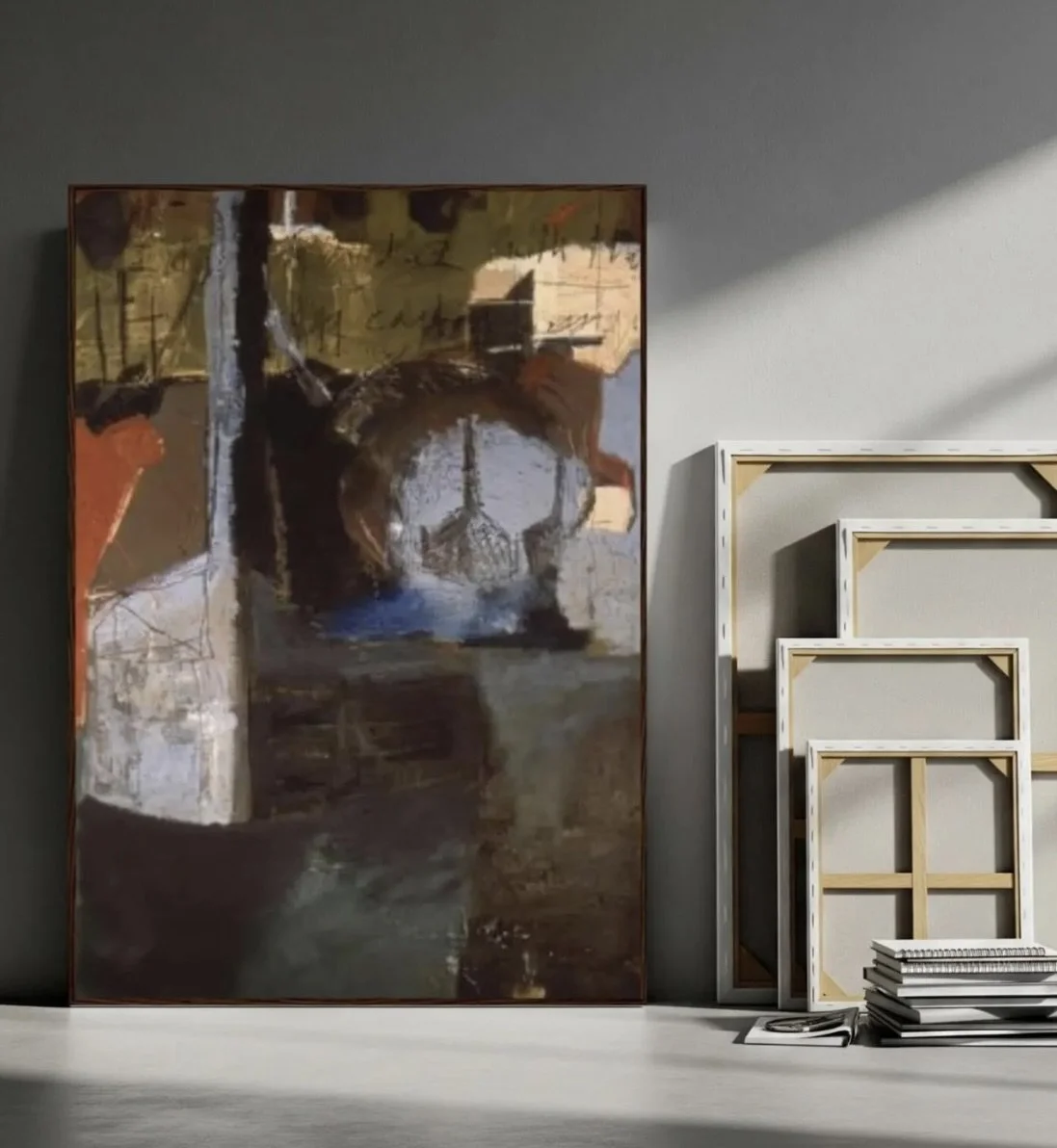 Framed abstract painting of boats. Jenn Thompson, MFA Colorado State University - BFA University of Colorado at Denver - Fort Collins - Community College of Denver student of Dave Yust, Amy Metier, James McElhinney, John Hull 