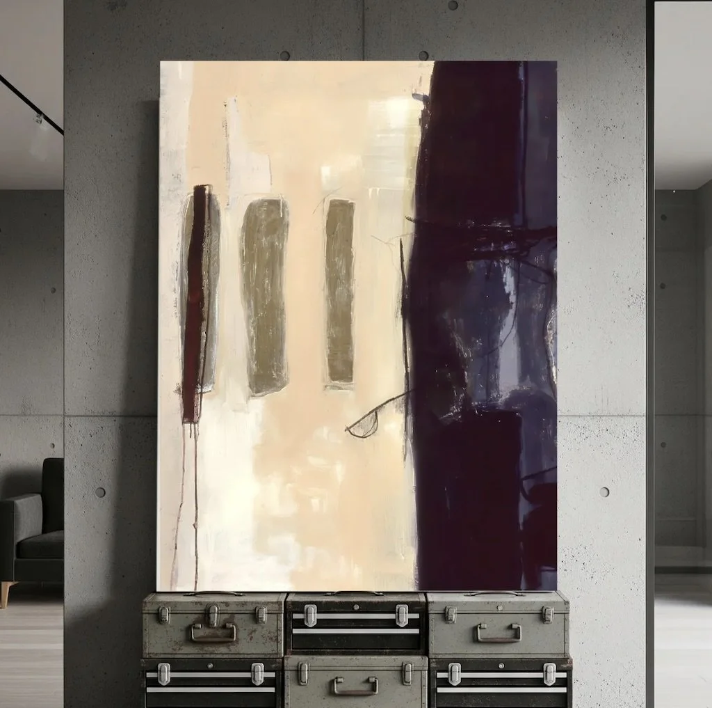 An abstract painting with beige and dark purple sections.Jenn Thompson, MFA Colorado State University - BFA University of Colorado at Denver - Fort Collins - Community College of Denver student of Dave Yust, Amy Metier, James McElhinney, John Hull