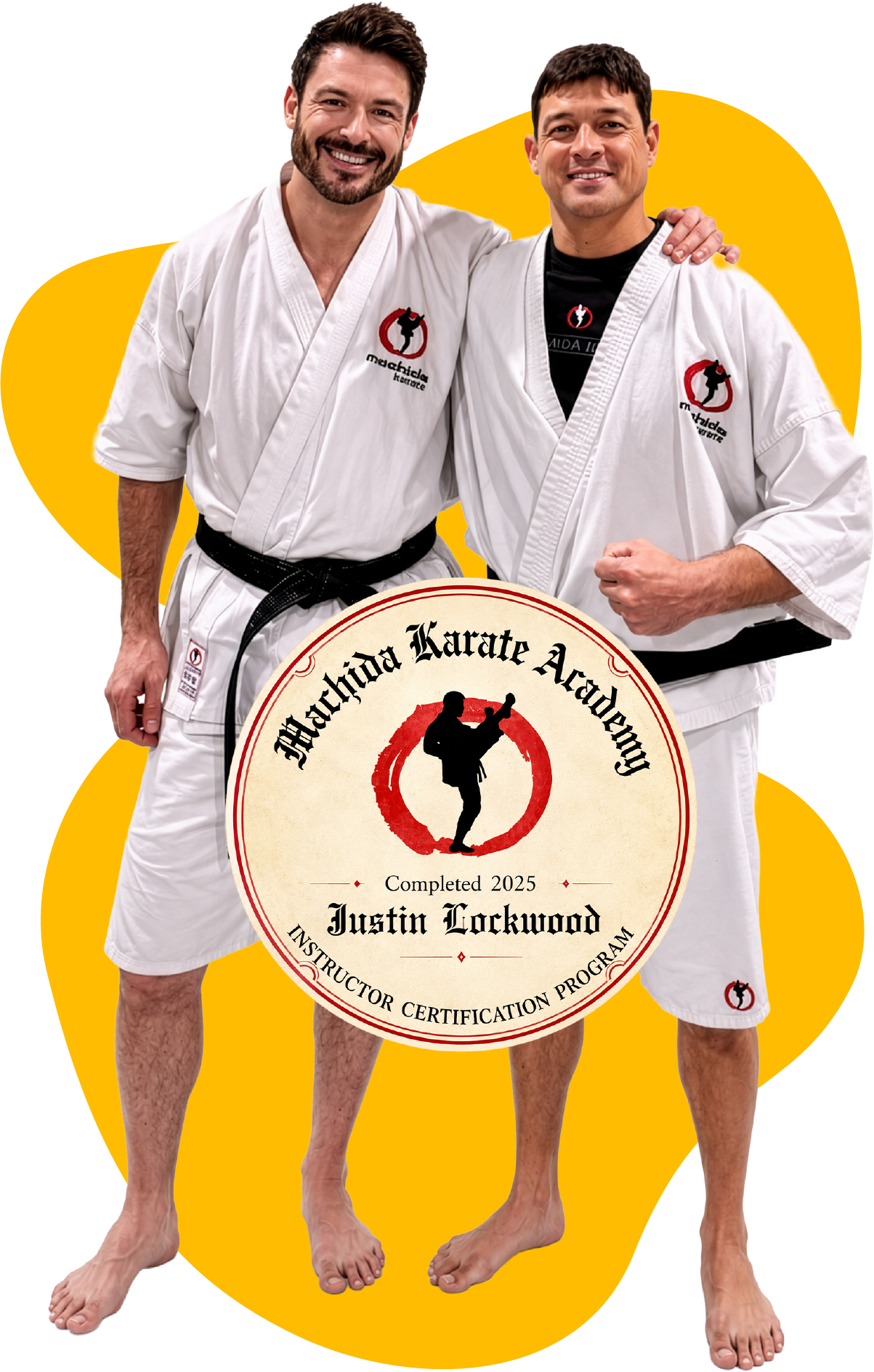 Two men in martial arts uniforms smiling and posing for a photo, with one man having his arm around the other, standing behind a certificate from Marichita Karate Academy.