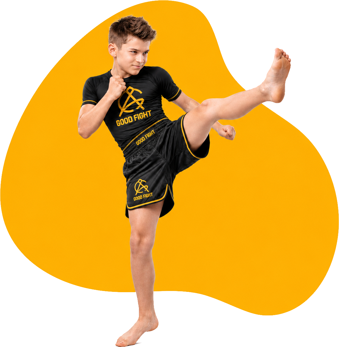 Teen practicing a high kick in Good Fight martial arts gear.png