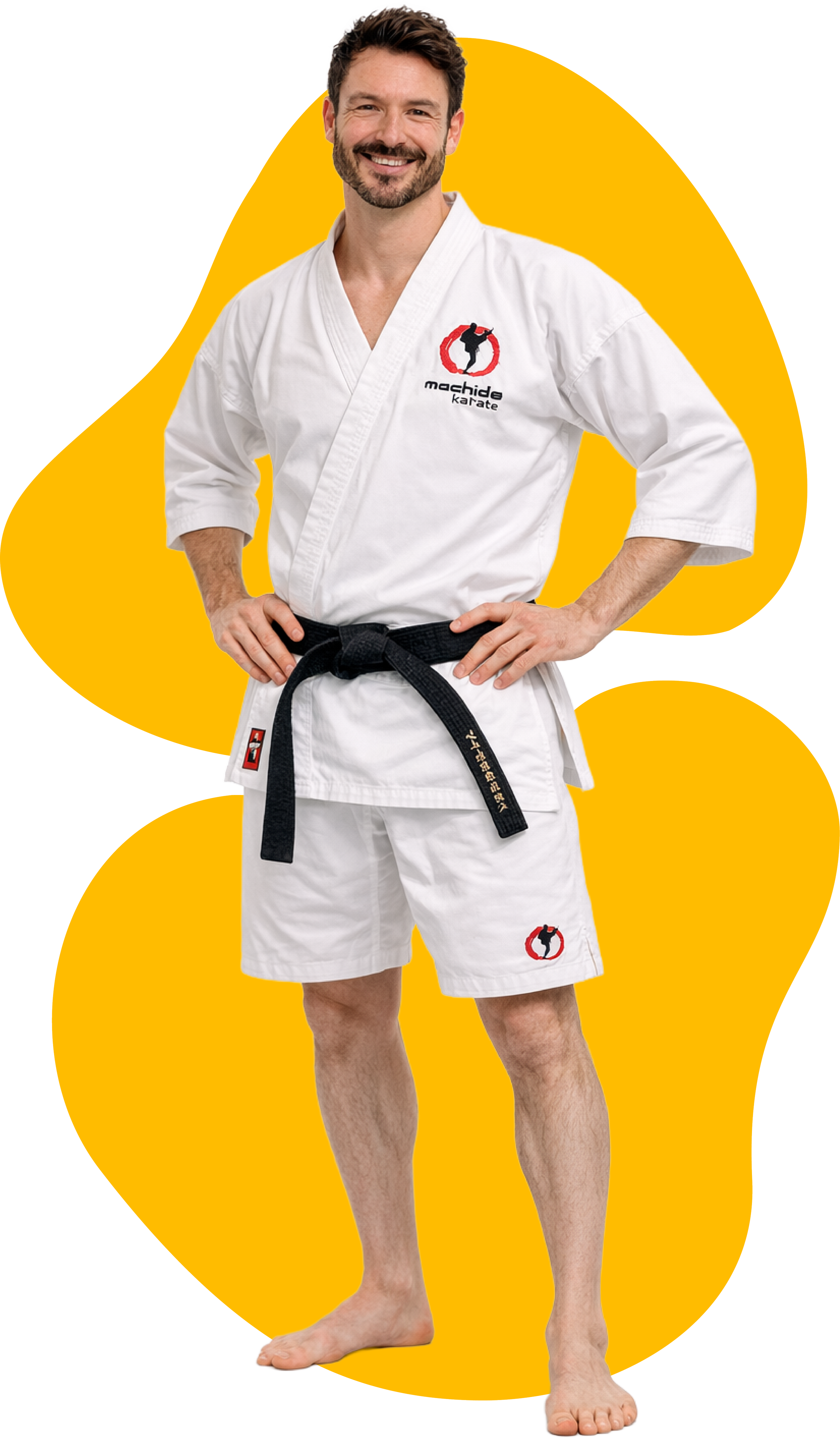 A man with a beard and smiling face wearing a white karate gi with black belt, standing with hands on hips, in front of a yellow background.