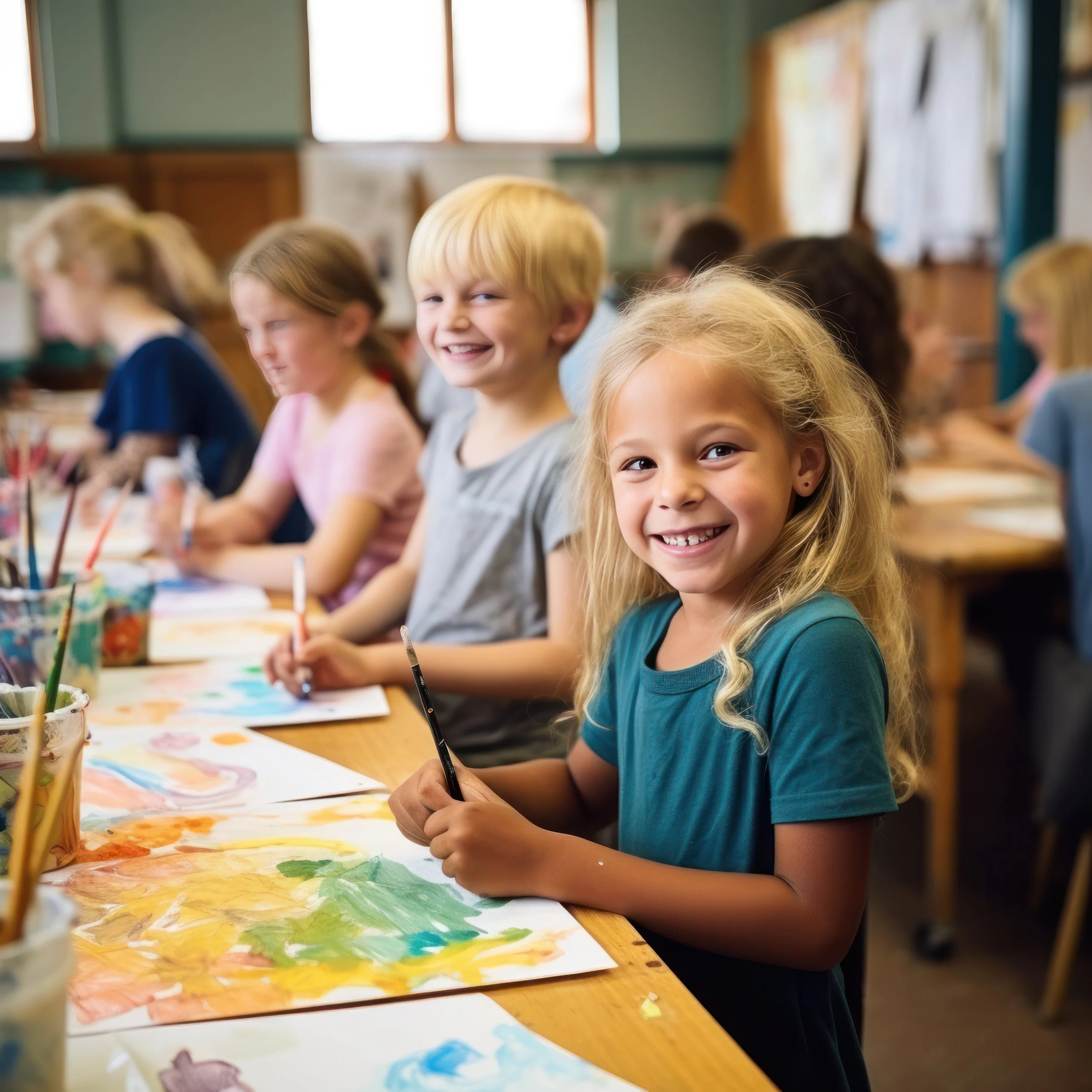Children in a classroom engaged in painting activity, smiling and showing finished watercolor paintings.