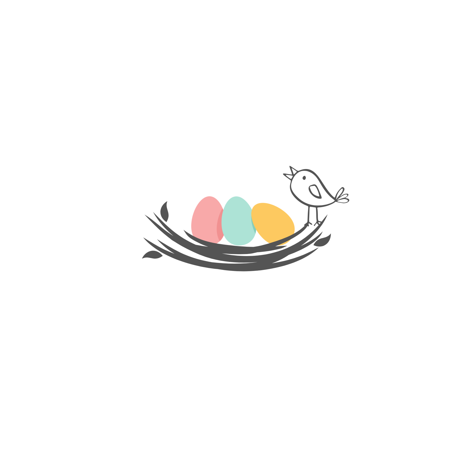 Easter eggs in pink, blue, and yellow in a nest with a small bird on a black background.