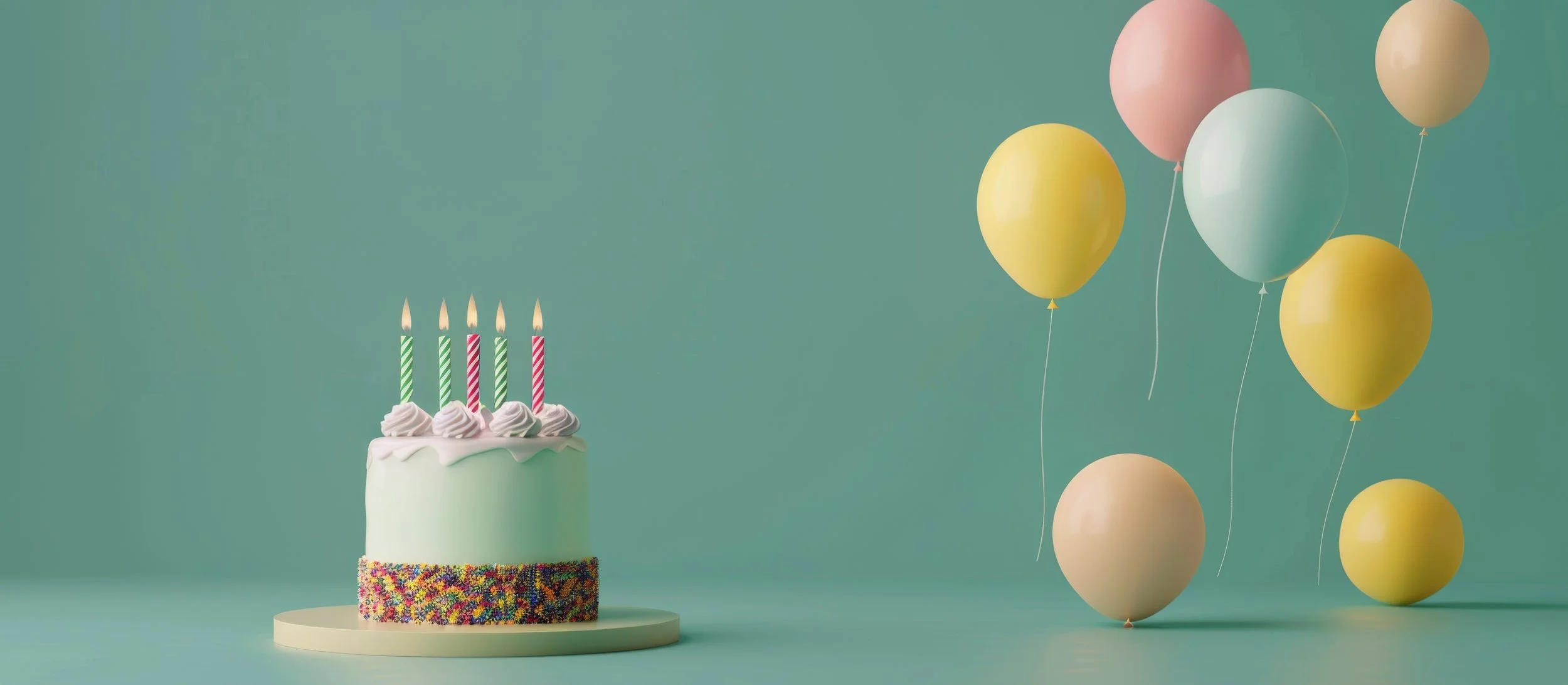Colorful birthday cake with five lit candles and rainbow sprinkles on the side, surrounded by pastel-colored balloons against a green background.