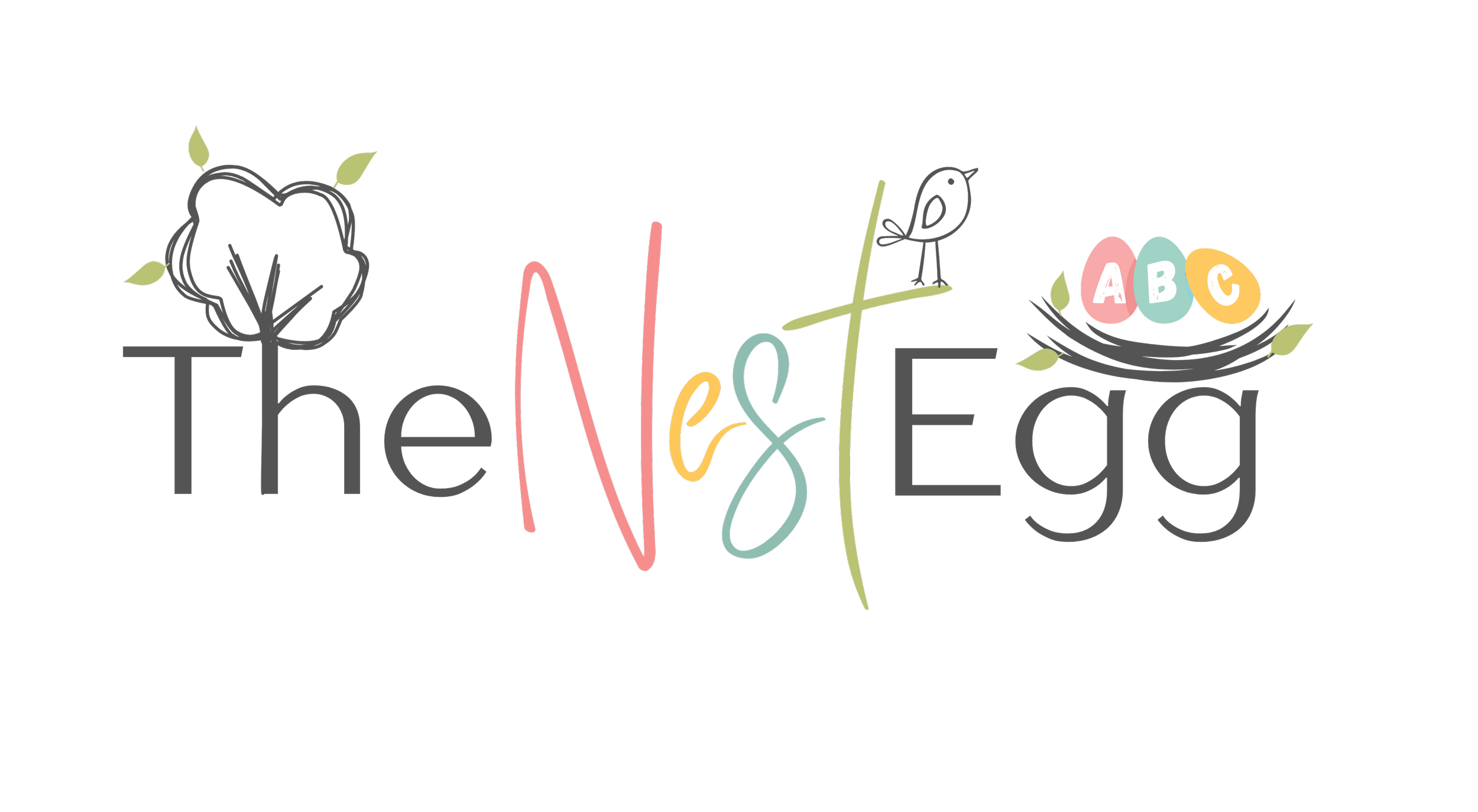 Colorful graphic design with the words 'The Next Egg' in a playful font. Illustrations include a tree, small bird, and three eggs labeled 'ABC' at the top right.