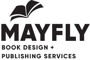 Mayfly Book Design and Publishing Services logo with an open book icon.