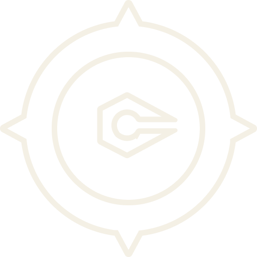 A black and white graphic of a compass with a gear icon at the center, suggesting navigation or precision.