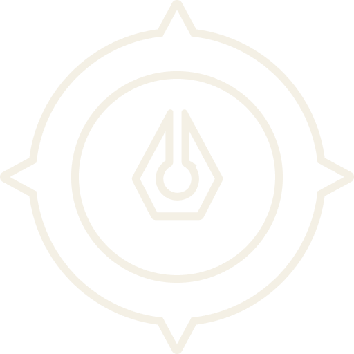 A black background with a white compass overlay and an outline of a pen nib in the center.