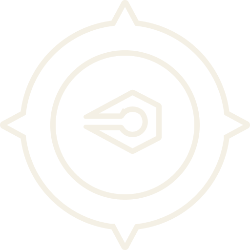 A black and white abstract symbol with a circular design and a central geometric shape.