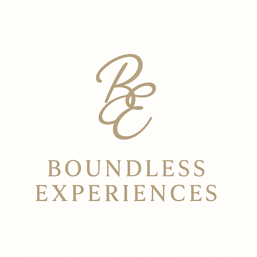A minimalistic logo with stylized initials and the words 'Boundless Experiences' on a light background.