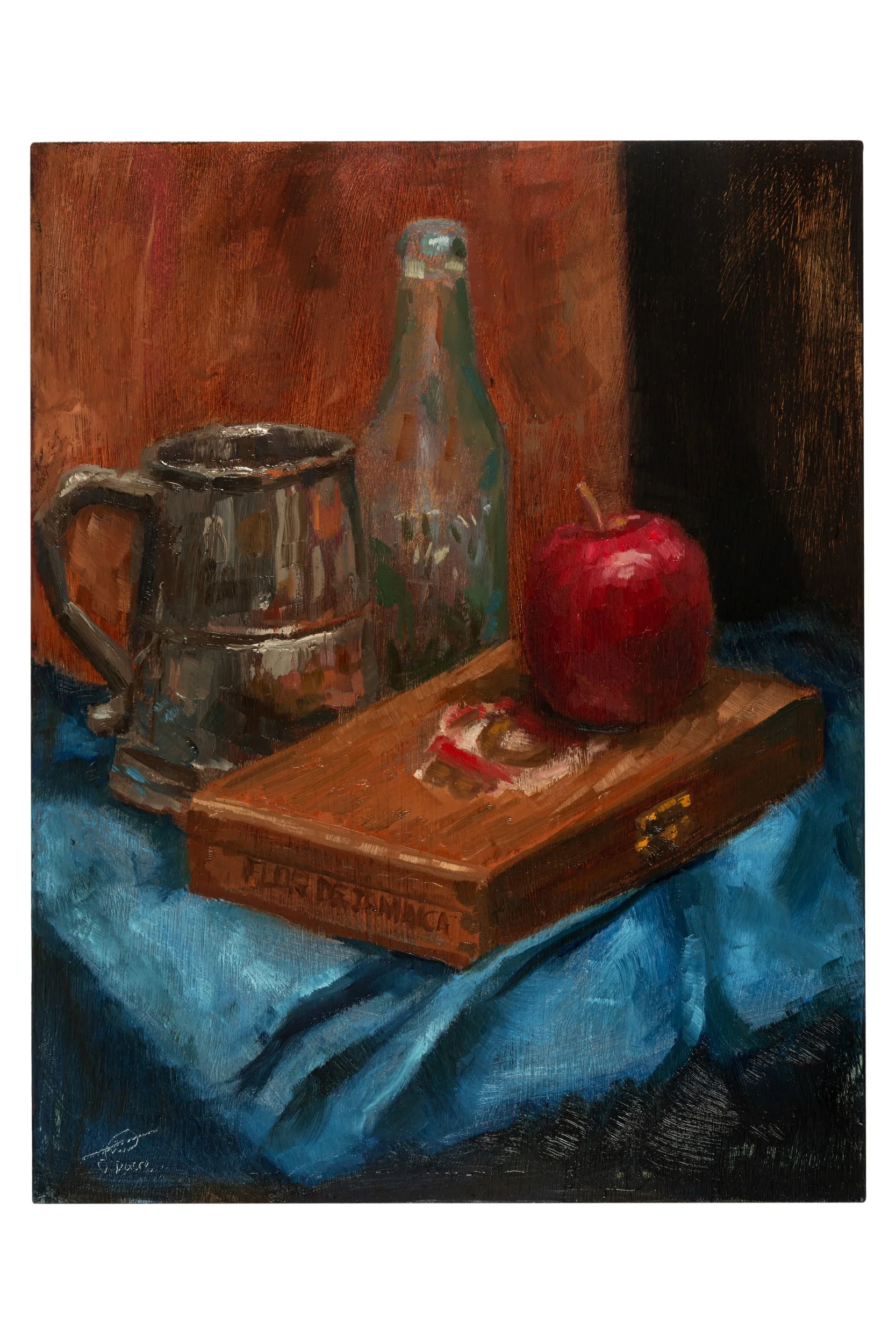 Impressionistic still life painting representing items from the past including a metal beer tankard, an antique green glass bottle, a small cigar box and a shiny red apple, on top of a blue cloth. Dark orange background