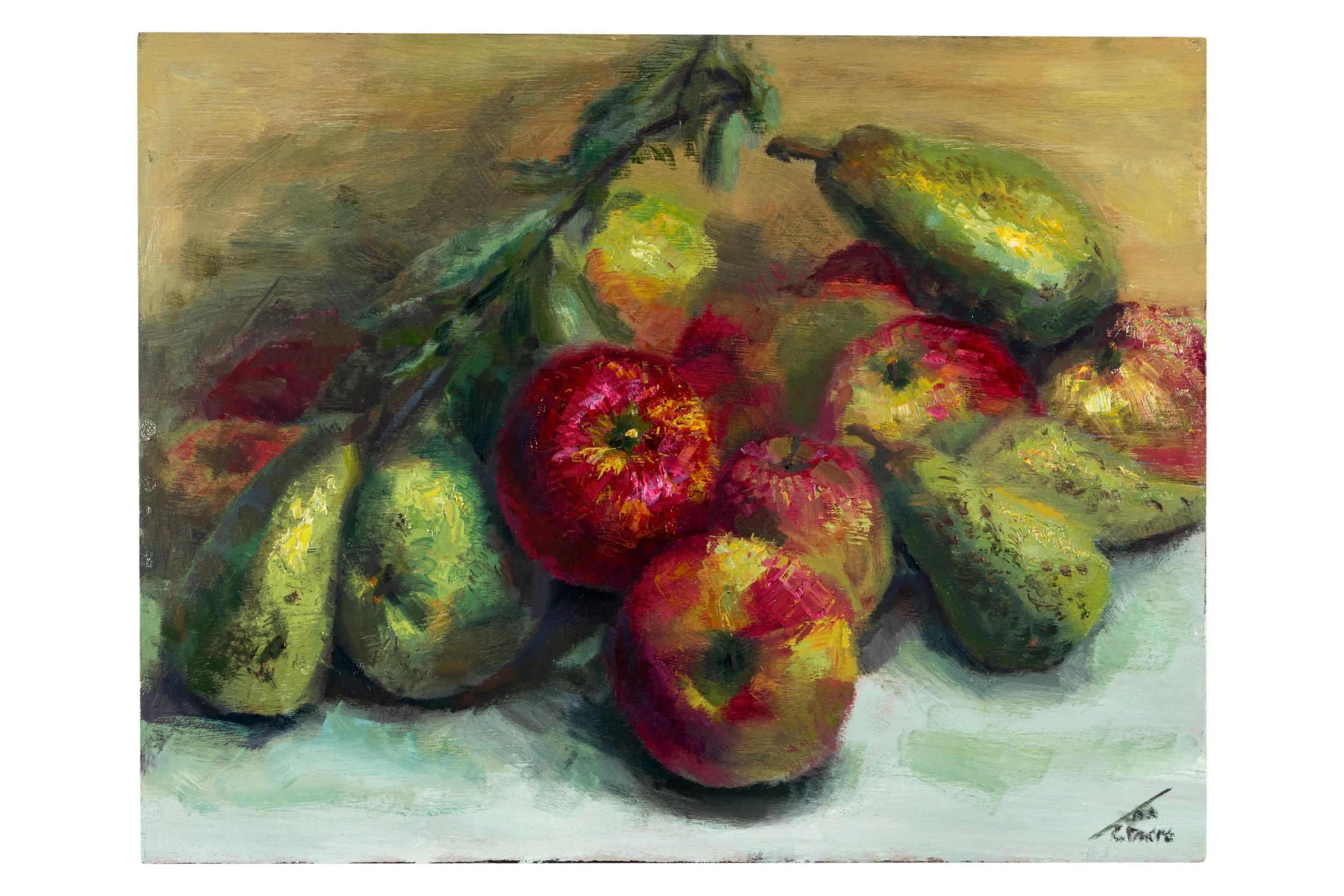 An impressionistic still life painting of several red and green apples and pears on a neutral background, painterly and realistic style