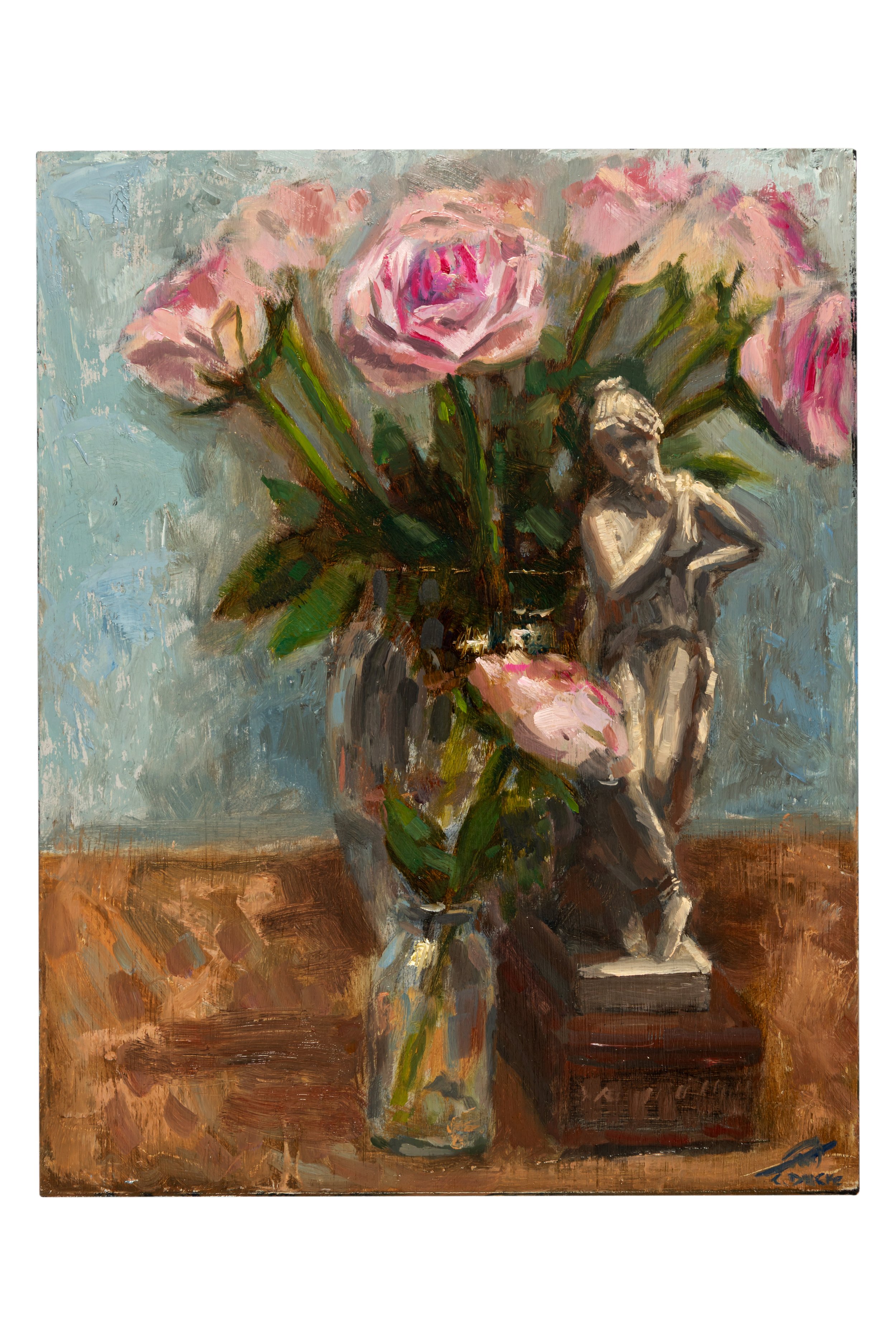A still life painting of a vase with pink Peony roses and green leaves, a small white sculpture of Venus on top of a small wooden box, wooden surface with light blue background. Painted in an impressionistic style with bravura brushwork