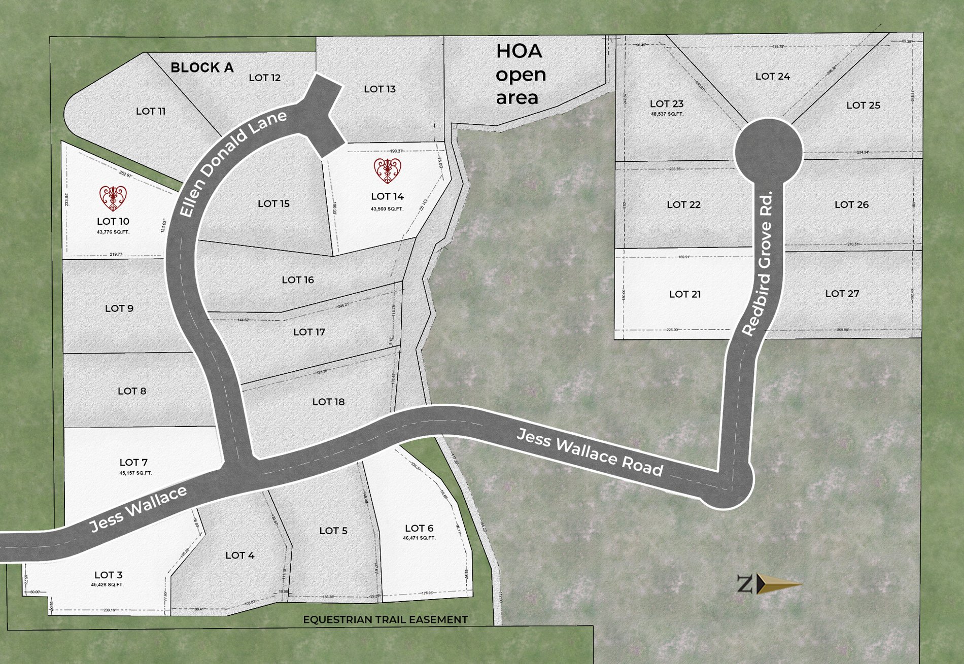 Plat shows 6 available lots in Redbird ridge subdivision in Argyle, TX