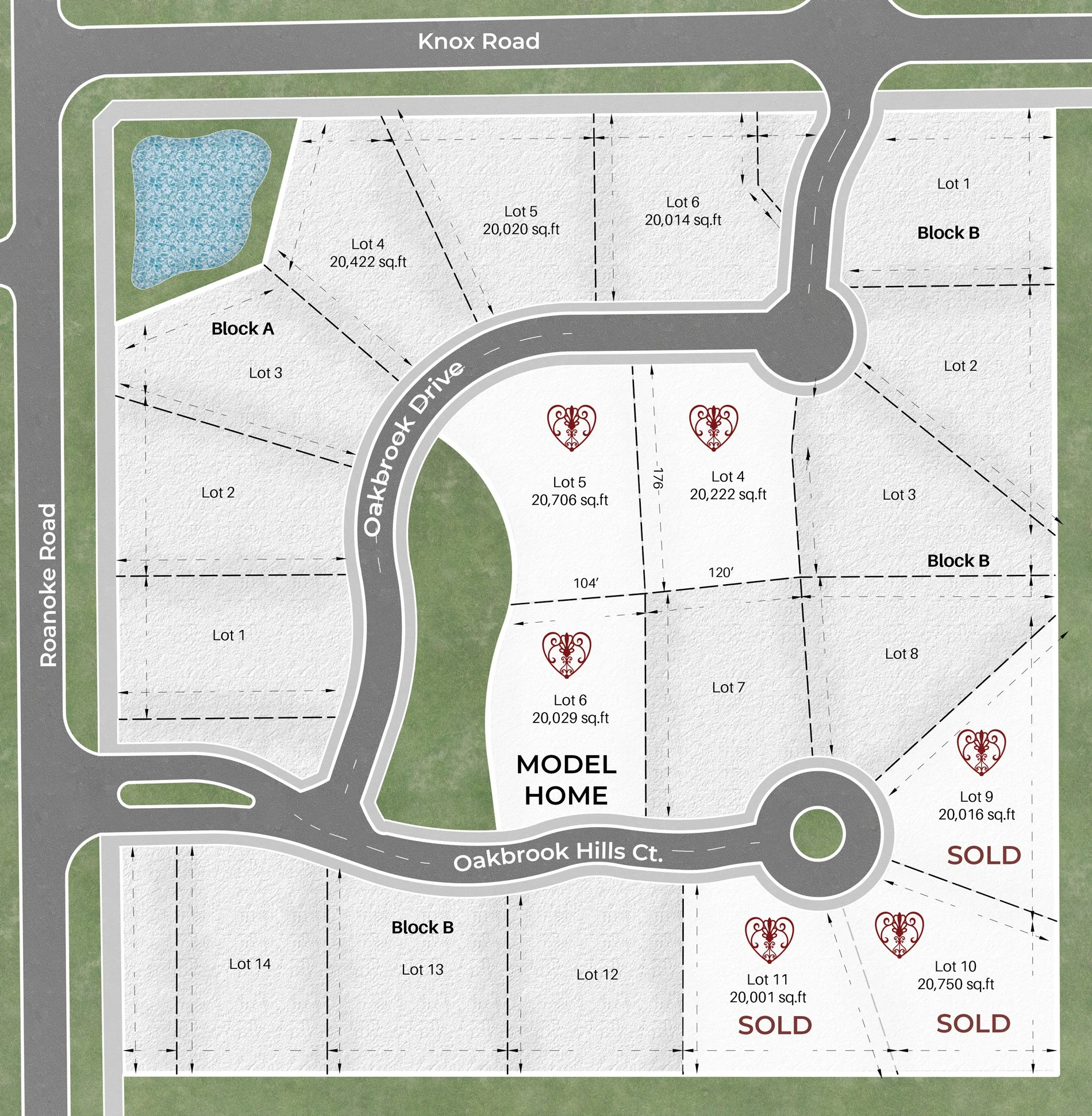 Plat shows available lots in Oakbrook Hills subdivision in Keller, TX