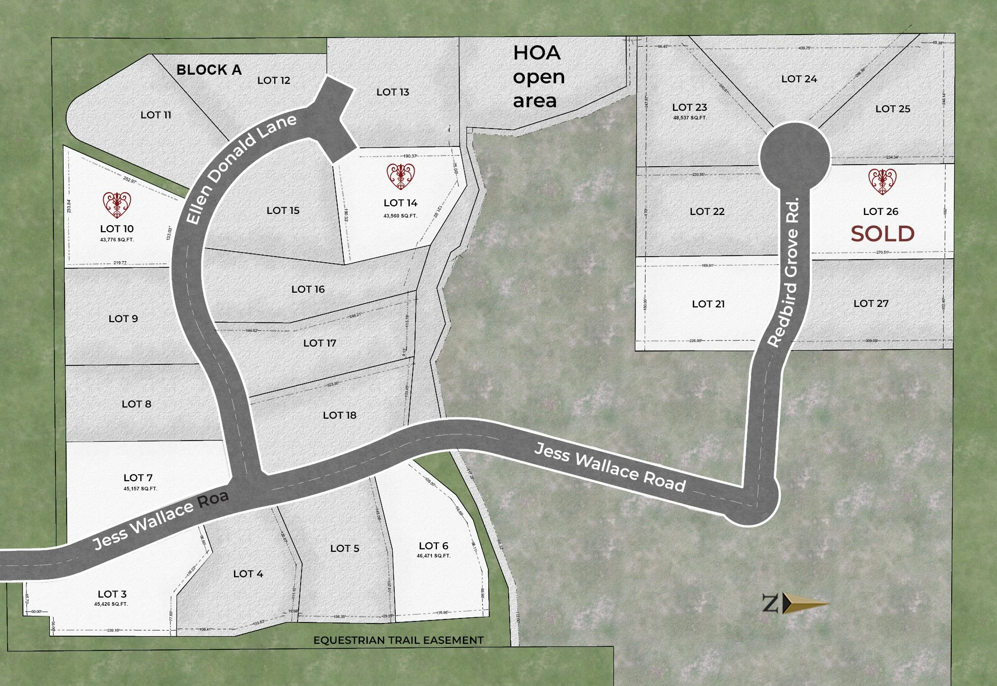 Map shows available homesites for custom homes in Redbird Ridge community in Argyle, TX