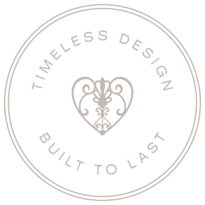 Logo with the text 'Timeless Design Built to Last' surrounding a decorative heart-shaped emblem.