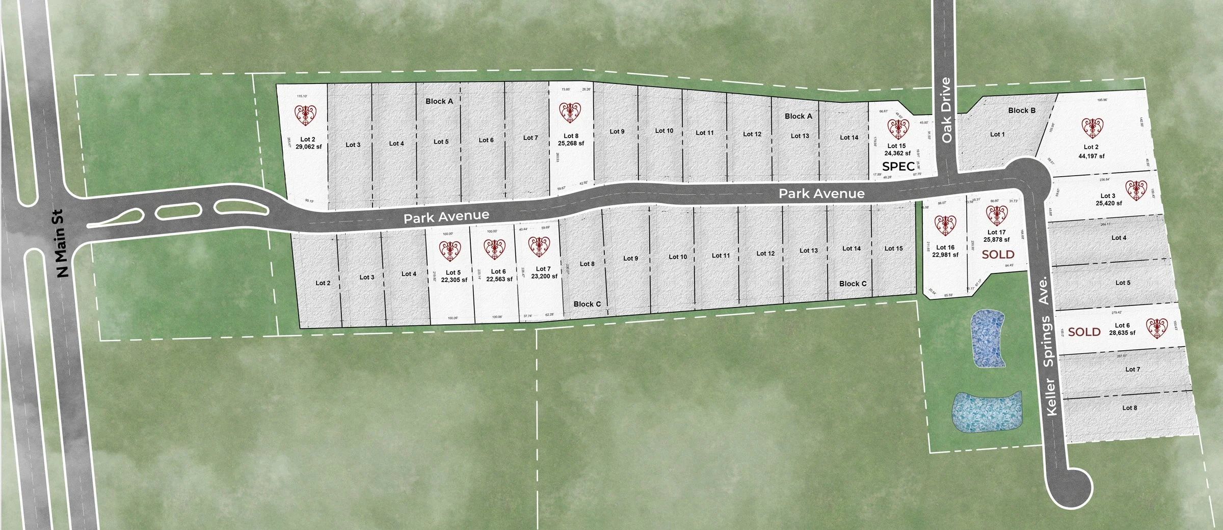 Plat shows 9 available lots in Greenway Park subdivision in Keller, TX