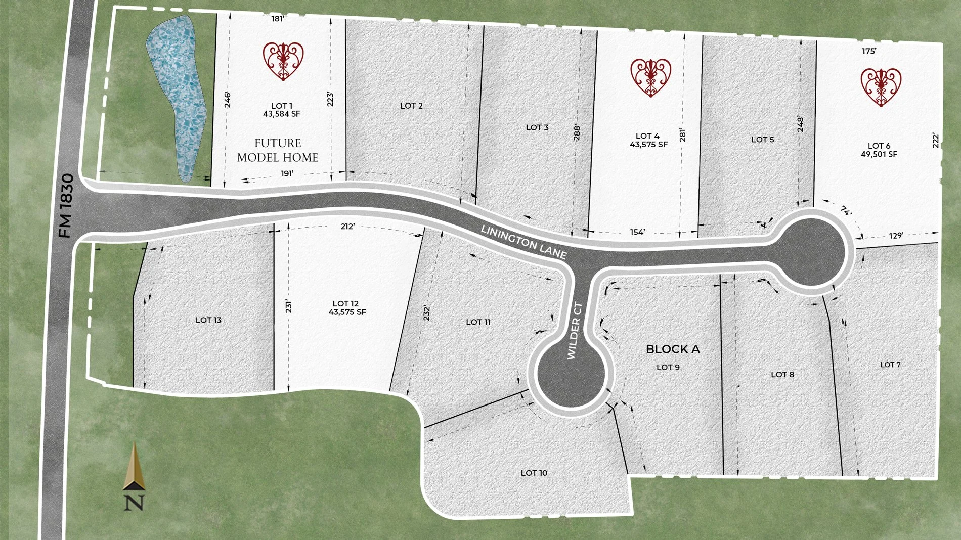 Plat shows 4 available lots in 1830 Place subdivision in Argyle, TX