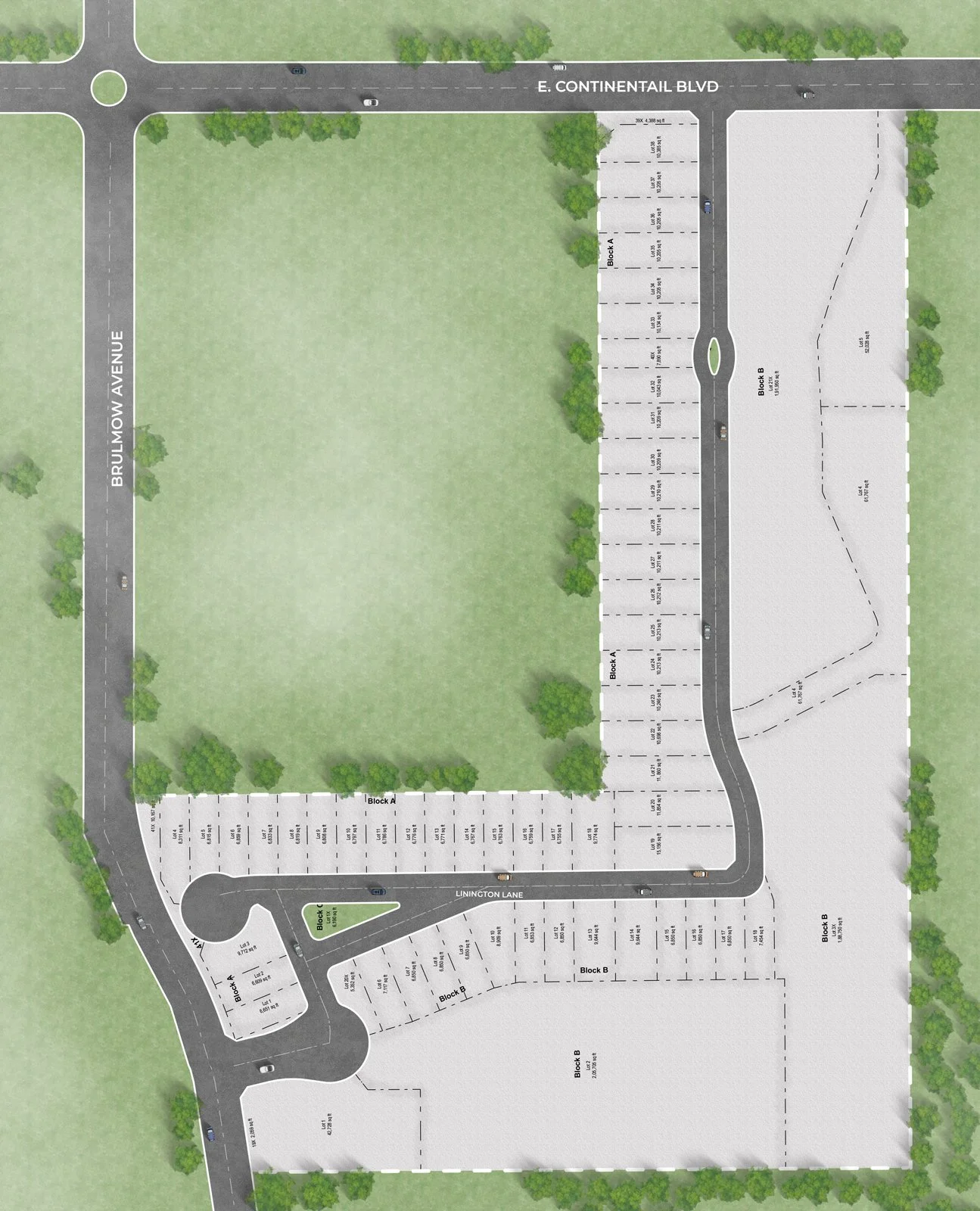 Plat shows available homesites in Brumlow Greene subdivision in SOuthlake TX
